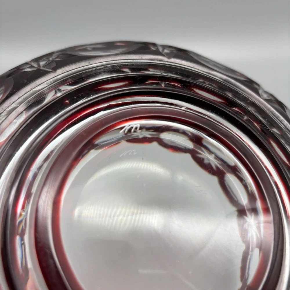 Vintage Bohemian Hand Cut Crystal Glass Ruby to‎ Clear bowl SIGNED 8.75